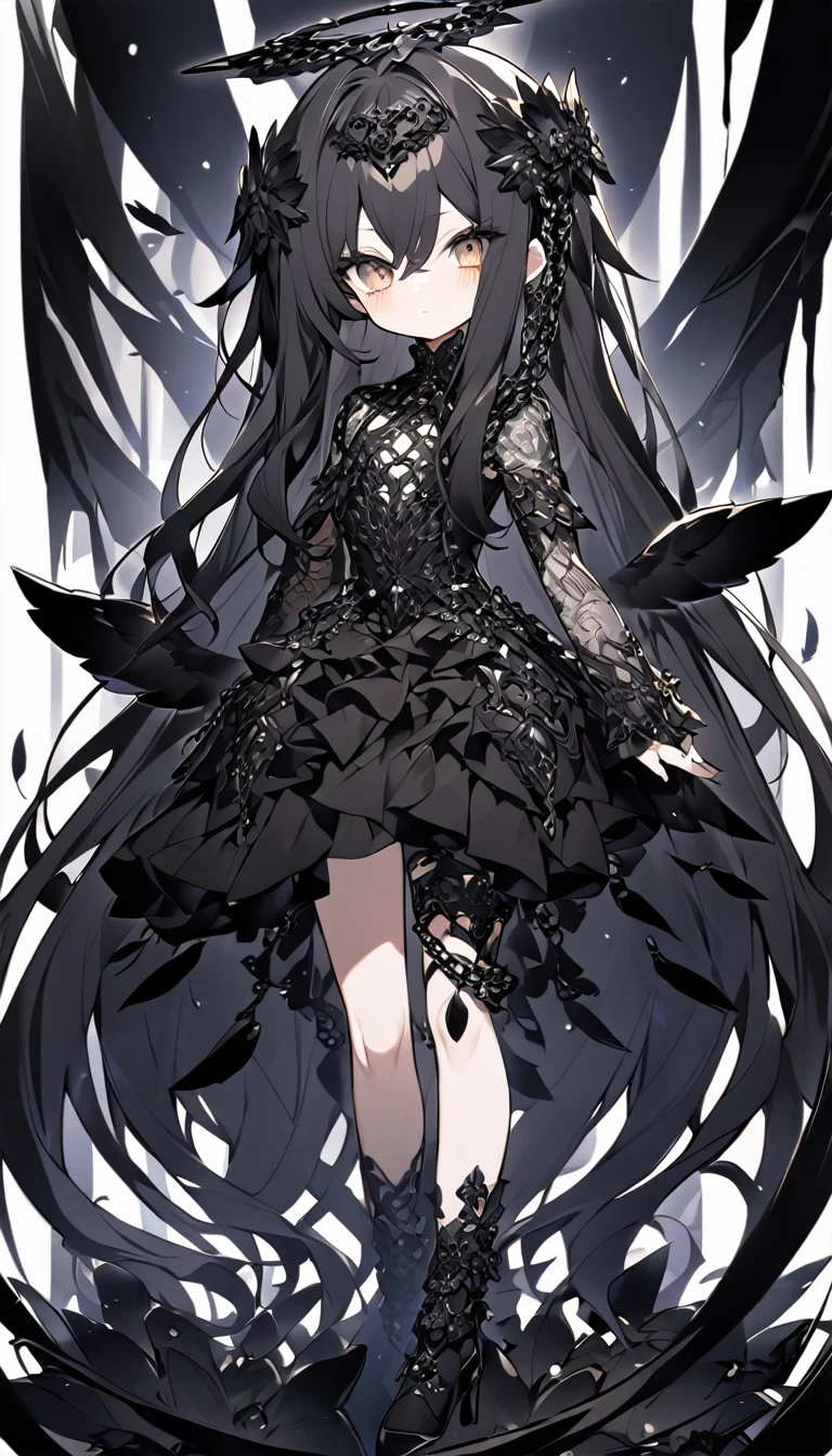 A super-deformed (chibi) style female character designed to appeal to someone with chuunibyou. She embodies the theme of an 'Evil Angel,' featuring dark and celestial elements. The character should have long, flowing hair, possibly in a dark color like black or dark blue, with black wings. She wears a dramatic, intricate outfit with elements like chains, dark feathers, and possibly a dark halo. Her eyes should be large and expressive, with a hint of otherworldly power and malevolence. The background is minimal to keep the focus on the character. The image should be in a 9:16 aspect ratio.