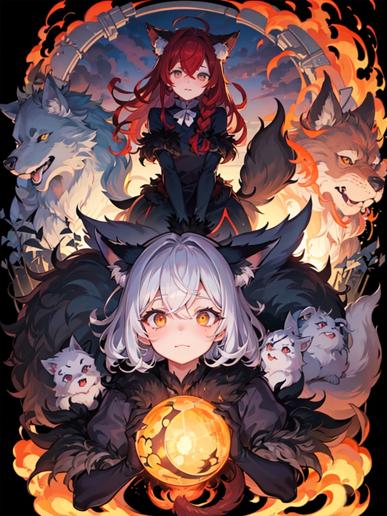 collage style，dark、Depression，Full of weird elements,Red hair all over wolf, Bright Eyes,The eyes are gray，With black bow,(Body hair, hairy tail, Red fur)
