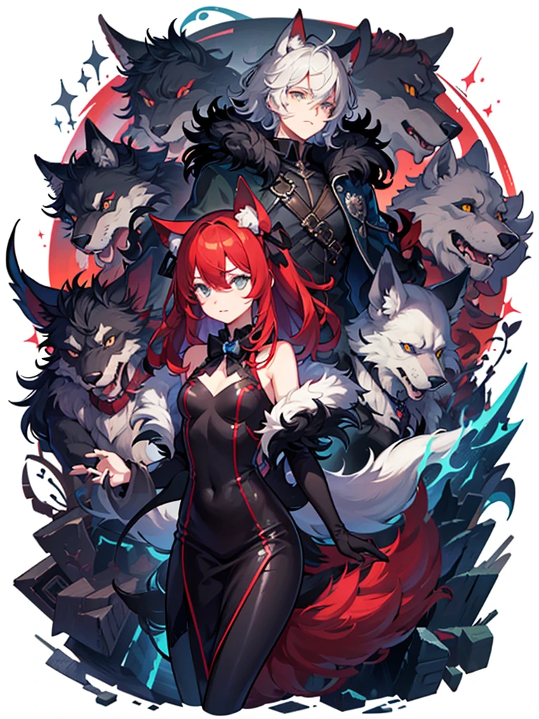 collage style,dark、Depression,Full of weird elements,Red hair all over wolf, Bright Eyes,The eyes are gray,With black bow,(Body hair, hairy tail, Red fur)