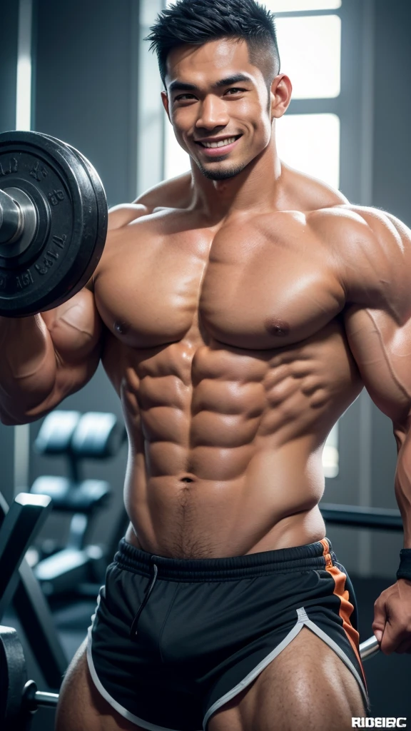 a muscular Malay man with a chiseled six-pack abs, smiling and working out at the gym, ultra-detailed, (best quality,4k,8k,highres,masterpiece:1.2),ultra-detailed,(realistic,photorealistic,photo-realistic:1.37),HDR,UHD,studio lighting,ultra-fine painting,sharp focus,physically-based rendering,extreme detail description,professional,vivid colors,bokeh,stunning portrait,muscular,athletic,shirtless,fit,ripped,abs,biceps,pecs,triceps,flexing,smiling,happy expression,gym,workout,exercise,sports equipment,weight lifting,dumbbells,barbells,warm lighting,cinematic lighting