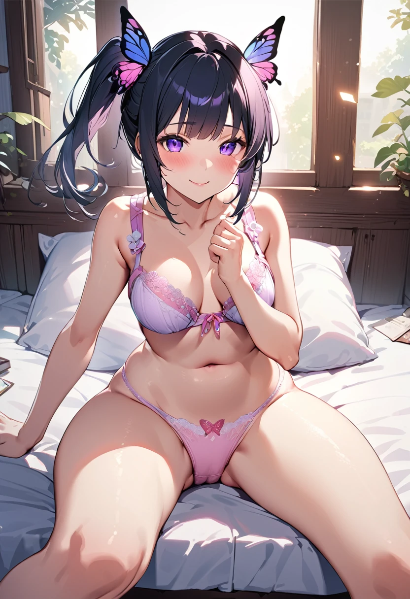 nsfw, Yuri Kanaotsu, Kanao Tsuyuri, Black Hair, butterfly, butterfly hair ornament, (Purple eyes:1.1), Side ponytail, ponytail, smile、blush、、My mouth is empty、Sit on the bed、
Cute pink bra、Cute pink panties、Full Body Shot、
break looking at viewer,
Indoor break, shabby room,
break (Tabletop:1.2), Highest quality, High resolution, unity 8k wallpaper, (shape:0.8), (Beautiful details:1.6), Highly detailed face, Perfect lighting, Extremely detailed CG, (Perfect hands, Perfect Anatomy),