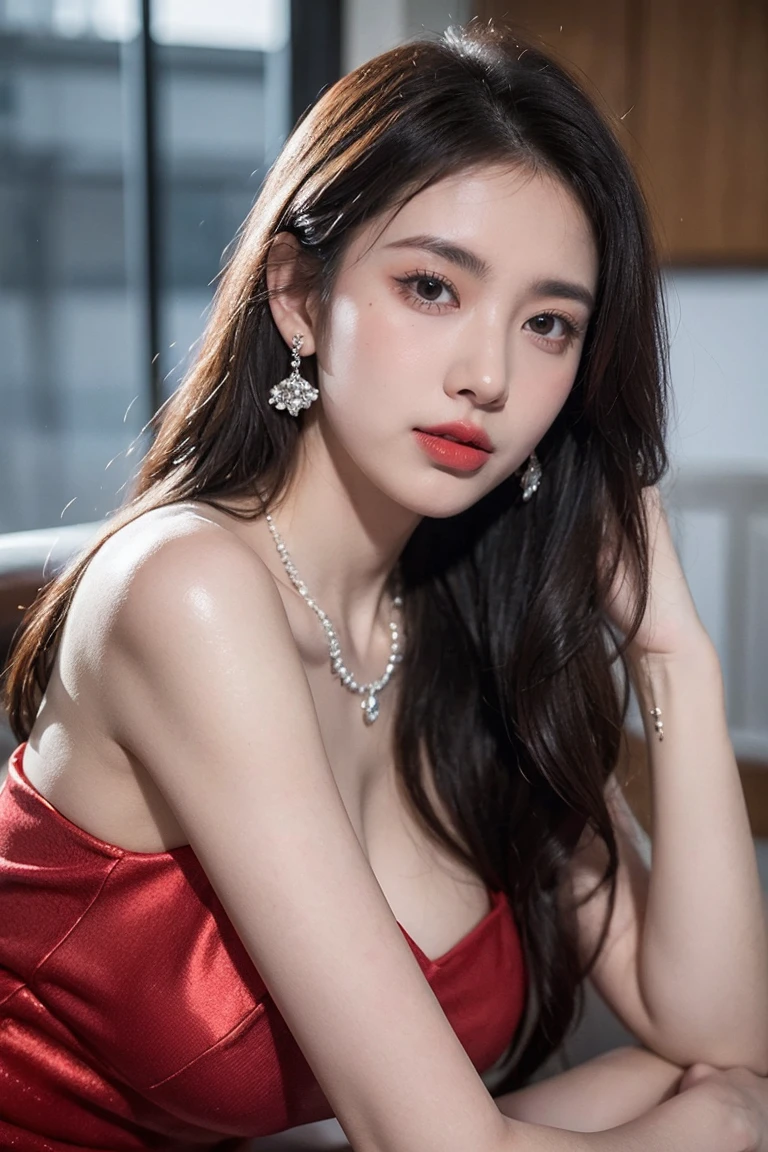 Top CG, Highest image quality, masterpiece, Gentle and beautiful girl, (185cm美女), (fit), Imperial sister, Queen temperament, White skin, ((Long legs)), Perfect facial features, Bright Eyes, Sexy pose, Red lips, Beautiful and cold (A major breakthrough)), Beautiful and heroic, Soft and long hair, shiny, Lace, net, Visible through clear skin, wear glasses, Diamond Earrings, ruby neckLace, (evening dress), 8K Image Quality, (Realistic Portraits), Characters fill the screen, (Facial lighting), ((eternal)