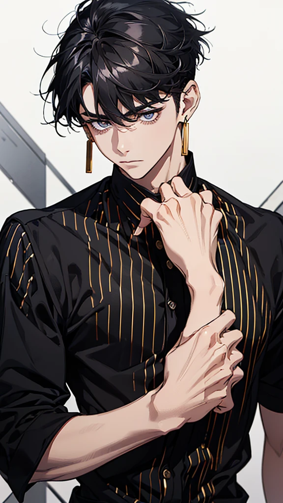 Man, young man, black hair, dark circles under the eyes, narrow eyes, black and white striped shirt, gold earrings, thin body, short bangs, shaved sides, black ring on middle finger of right hand, upper body