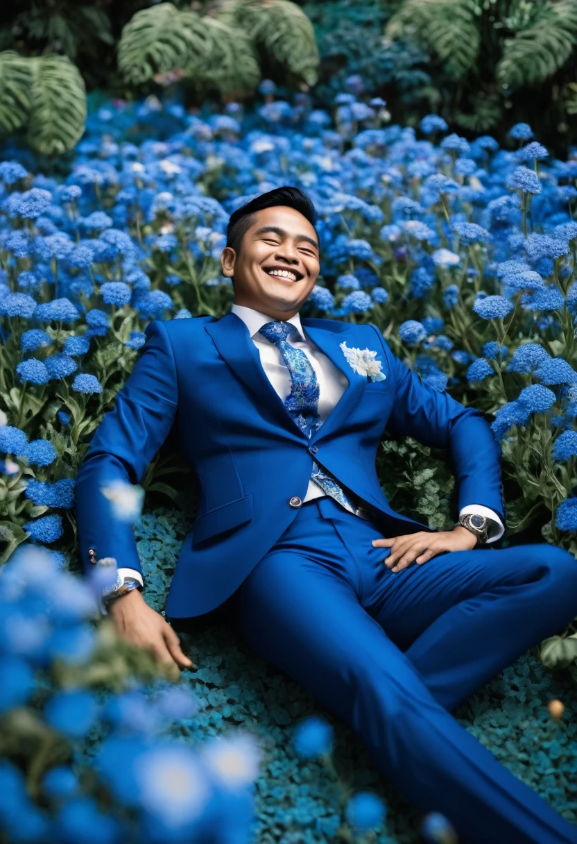 Indonesian man lying on blue garden with blue suit full with blue flowers smiling