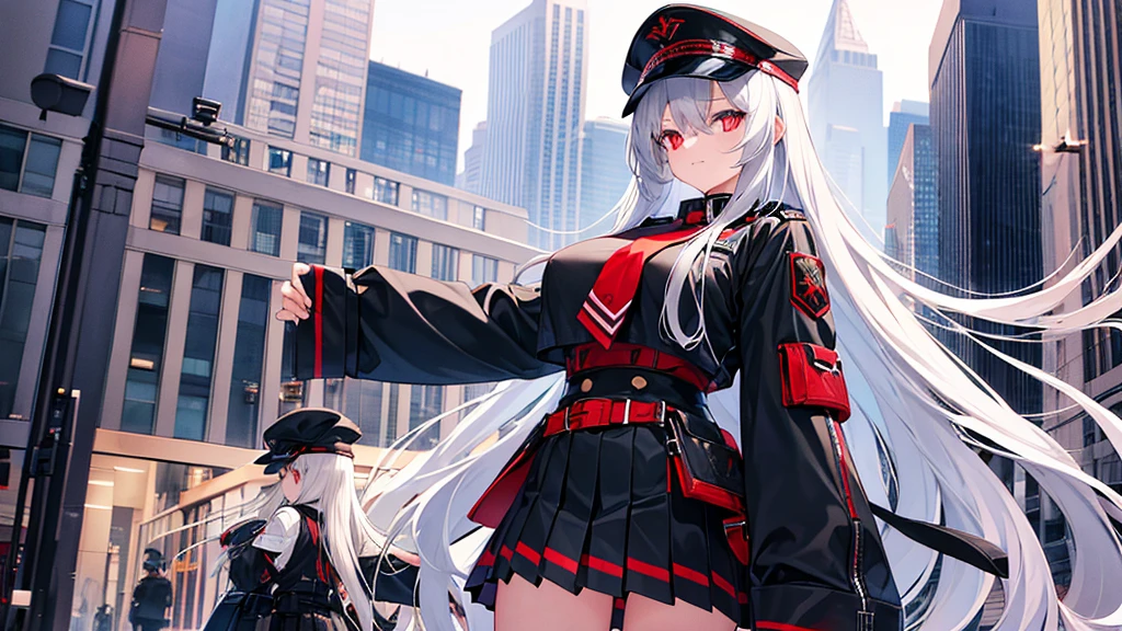 Two girls with long straight silver hair, twins, red eyes, big breasts, slim body, cool, hat, black military uniform, black mini quilt skirt, in the city