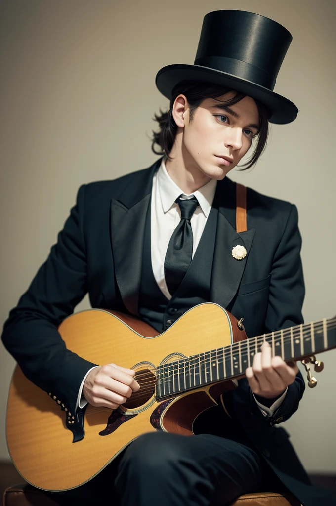 A color photo of the top hat musician playing the guitar
