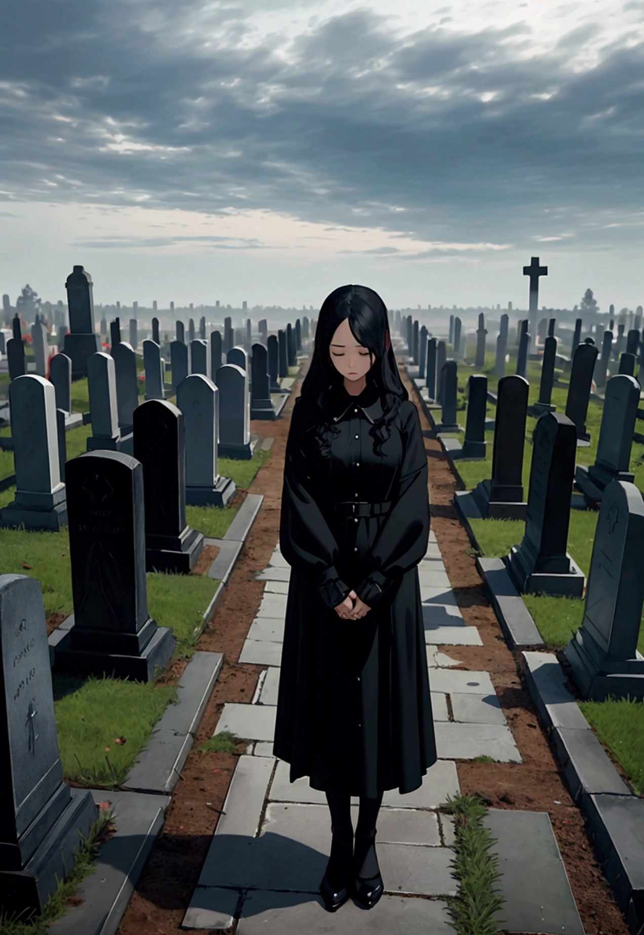 Create an image of a funeral taking place on a cloudy day in a cemetery. The sky is overcast, with dark, heavy clouds adding to the somber mood. Mourners dressed in black are gathered around a freshly dug grave, their expressions reflecting sorrow and loss. Tombstones and grave markers are scattered throughout the background, with a few leafless trees adding to the bleak atmosphere. The overall scene is quiet and solemn, capturing the solemnity and sorrow of the moment.