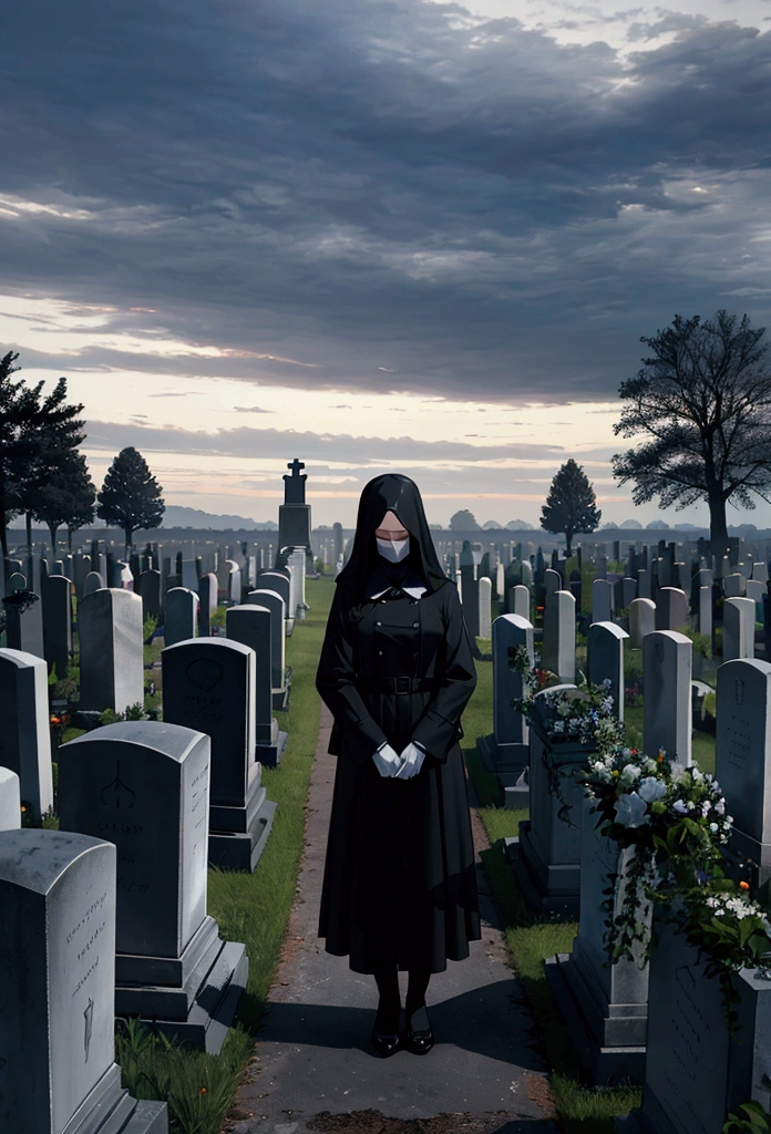 Create an image of a funeral taking place on a cloudy day in a cemetery. The sky is overcast, with dark, heavy clouds adding to the somber mood. Mourners dressed in black are gathered around a freshly dug grave, their expressions reflecting sorrow and loss. Tombstones and grave markers are scattered throughout the background, with a few leafless trees adding to the bleak atmosphere. The overall scene is quiet and solemn, capturing the solemnity and sorrow of the moment.
