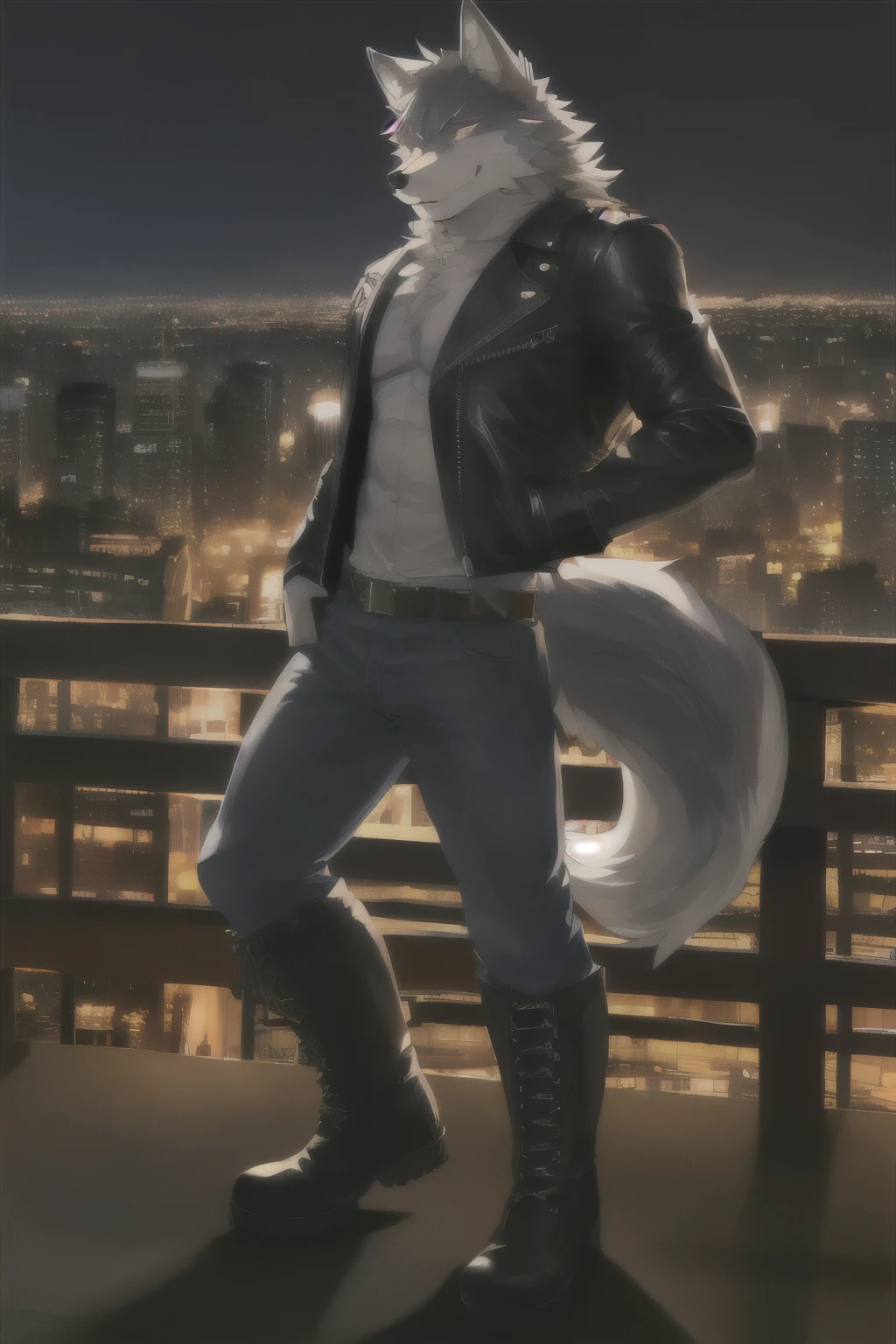 Kemono male wolf, pants, smile, city background, sunny, masterpiece, insane lighting, hires, high quality, wears jeans, jackboots, leather jacket, medium body