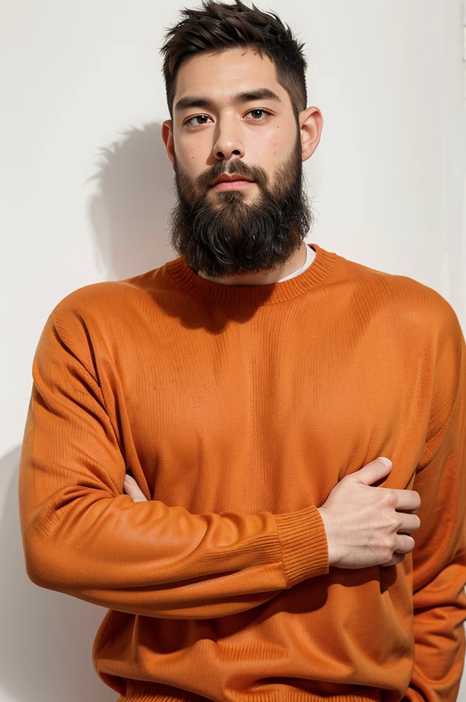 handsome male,beard,upper body portrait,stand up, orange sweater,white background,