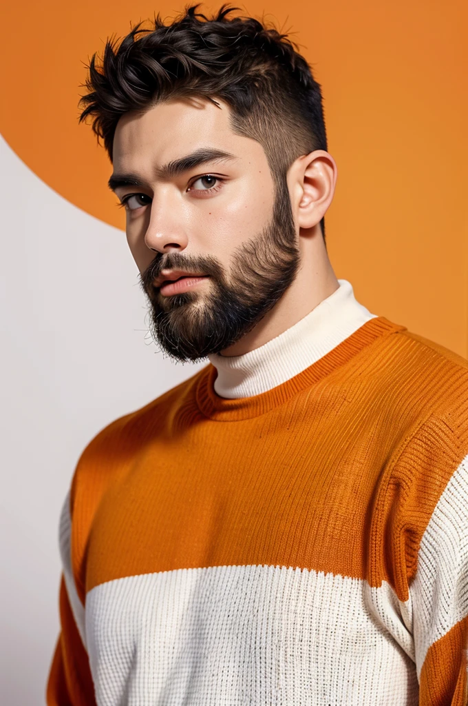 handsome male,beard,upper body portrait,stand up, orange sweater,white background,