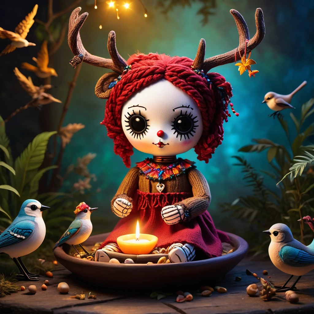 (knitted toy voodoo doll:1.7), (Voodoo Deer Feeding Birds:1.3), (Clothing: cozy outdoor outfit with magical feather patterns:1.0), (Accessories: enchanted bird feeder, glowing birdseed, mystical birdbath:1.2), (background: garden with floating, glowing birds and soft chirping:1.2), best quality, masterpiece, detailed soft oil painting, detailed background, dramatic cinematic lighting, soft edge lighting, professional, dramatic lighting, hard edge lighting, ultra quality, 4k, masterpiece, best quality, 8k, ultra high definition, high resolution, extremely detailed