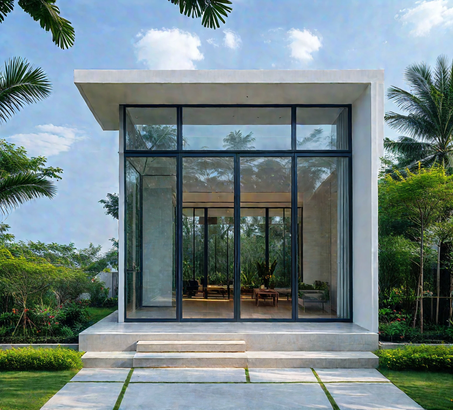 ,a modern one-story house with a minimalist design, (very small house: 1.2) ,((with a facade less than 4 meters wide:1.2)), white and glass materials, wood, large floor-to-ceiling glass windows, tropical plants and trees. (house as the showroom mini furniture:1.2), front view, elevation viewRAW photo, a photo of a modern house, (curvilinear archrchitecture:1.4), Wabisabi style rounded wall, white wall, steel black gate, sidewalk, sidewalk trees, ((grey gate:1.2)), road, viet nam modern residence, ((architectural shot)), rough white wall, new residential area, wide angle exterior 2022, contemporary house, exterior photography, masterpiece, contemporary architecture, overcast, indirect lighting