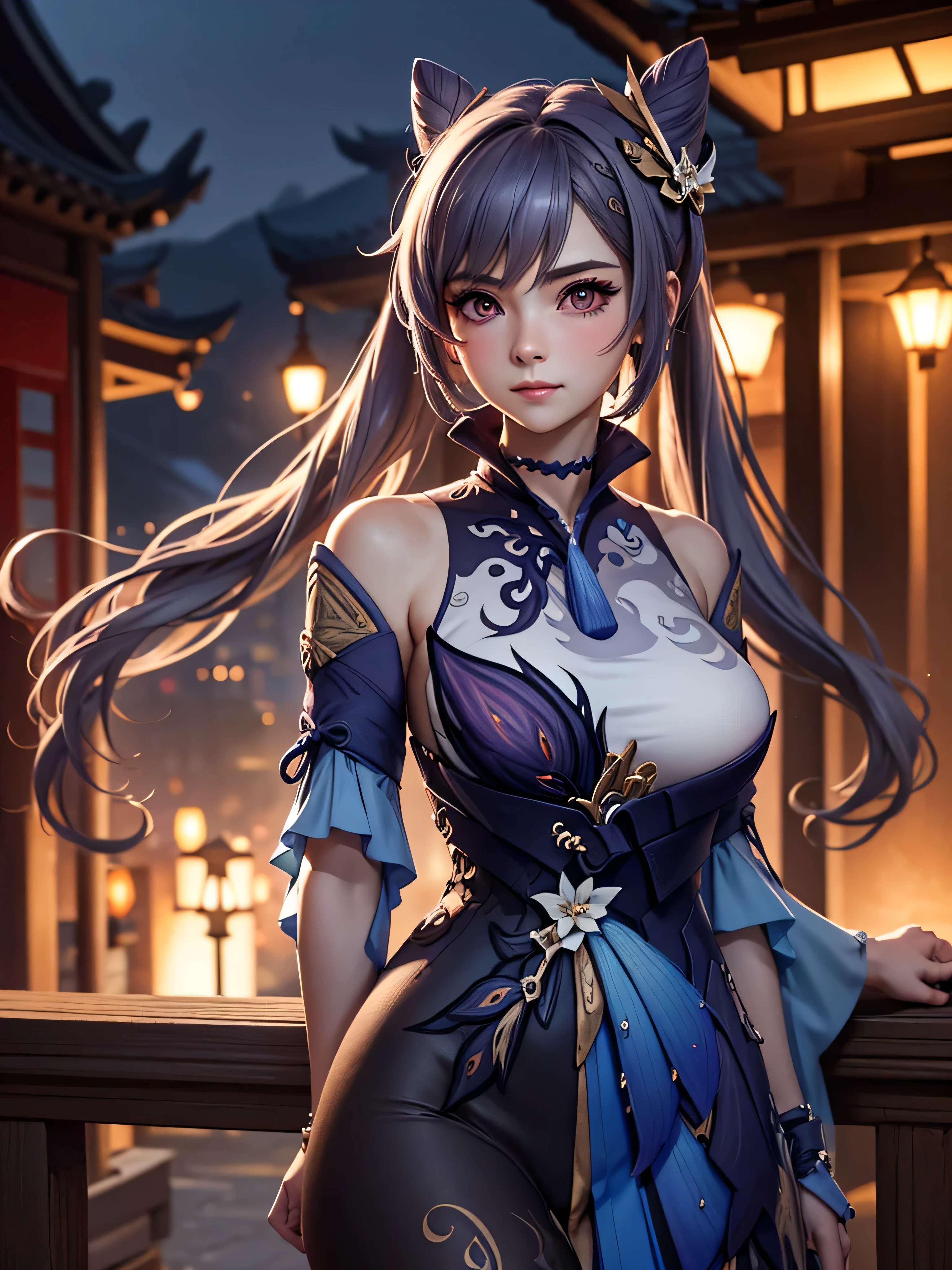 ((highly detailed)), genshin impact, keqing, perfect human hands,(great breast:1.1),relaxed pose, ((fit female)) , super perfct body curve, masterpiece, 4K, detailed, perfect face, (20 years old) language, fit figure, gorgeous perfect face, happy expression, realistic style and super detailed renderings, superrealism, super-realistic oil, contour shadow-procesull body portrait, standing, hands on waist, high res, ultrasharp, 8K, masterpiece, looking at viewer, blushing, chinese city in the background, super detailed eyes, beautifull eyes
