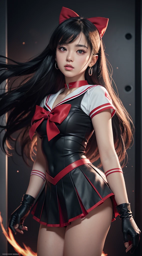 ((HD Real, Same 1 level)), Extremely realistic, masterpiece, Highest quality, High resolution, Same 1, space, Stunning beauty, Upper Body Shot, 1 girl, chest, gloves, lips, alone, Sailor Mars, Purple eyes, uniform, Show more1, tiara, sailor warrior uniform, (RAW Photos, Highest quality), masterpiece, 浮かぶ長いBlack Hair, Red Sailor Collar, bow, choker, 白いgloves, red choker, 肘用gloves, jewelry, Earrings, Red Skirt, only, whole body, Black Hair, (Perfect hands): 3.8, Octane Rendering, Goddess of Fire, (close: 1.2) In detail, Beautiful Eyes, close, Small eyes, Show Viewer, to8 contrast style, Octane line drawing, space background, Mars, There's flames all around her, Red Flame, Intense gaze, Clear Eyes, Hands down