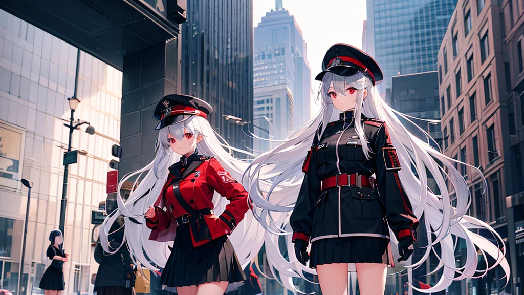 Two girls with long straight silver hair, twins, red eyes, big breasts, slim body, cool, hat, black military uniform, black mini quilt skirt, in the city
