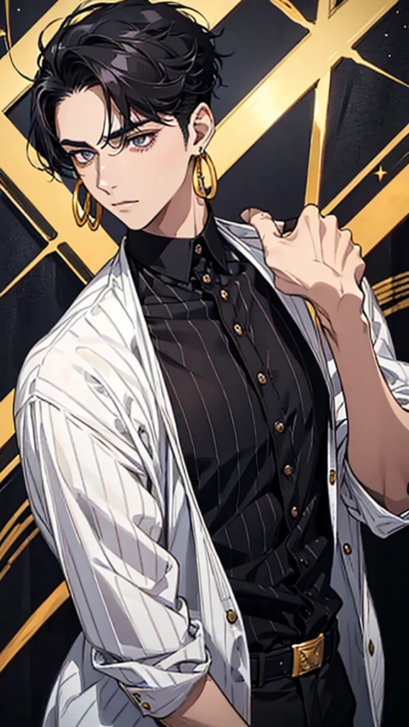Man, young man, black hair, dark circles under the eyes, narrow eyes, black and white striped shirt, gold earrings, thin body, short bangs, shaved sides, black ring on middle finger of right hand, upper body