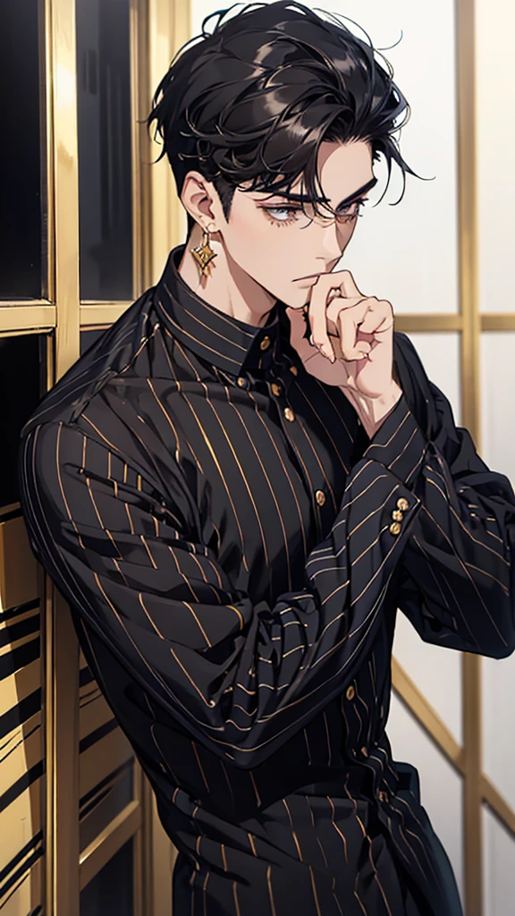 Man, young man, black hair, dark circles under the eyes, narrow eyes, black and white striped shirt, gold earrings, thin body, short bangs, shaved sides, black ring on middle finger of right hand, upper body