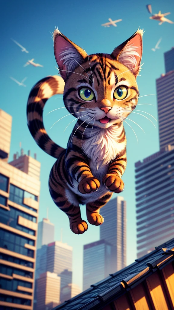 a huge cat jumping from rooftop, grabbing a helicopter, beautiful detailed eyes, beautiful detailed lips, extremely detailed eyes and face, long eyelashes, cinematic composition, dramatic shattering of glass, dramatic action scene, dynamic motion blur, high contrast lighting, intense colors, vibrant colors, hyper-realistic, award winning photography, 8k, best quality, masterpiece