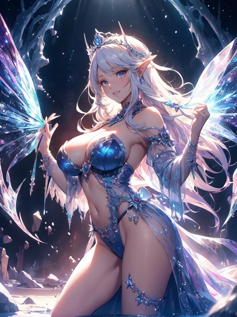 最high quality、1 woman elf、Succubus、(( cowboy shot ))((underwear))'((low angle1.5 ))、beautiful瞳、tears、、beautiful装飾、brassiere、panty、Ice tiara、、A world made of ice、最high quality , fractal art.Ice Throne、ice World、bikini、beautiful胸、Large Breasts　((Laugh beautifully、))((Glowing ice　))SMqueen、beautiful顔、Orgasm、Ecstasy、全身beautiful装飾の下着、Devil's World、Ice crystals、Crystal of snow、Ice wall、ice World、Bigger on the front、 beautiful輝き,High-definition depiction, Realistic, 8k, Unity, beautiful太もも,,Giant Devil's Wings、虹colorに輝く翼、、 light smile, Beautifully and vividly drawn, , beautiful beautiful透き通る肌、輝くbeautiful装飾の魔法、、  demon king、、beautiful装飾、 , beautiful、 Romanticism,mosquito。 混沌の最もbeautiful形, Mr..々color, Intertwined flowers, P article,Magical gentle light,smile,,image quality、masterpiece、beautiful顔、Super beautiful elf woman((Big breasted 22 year old office lady、Bust 120,Beautiful long ironed hair、Silver Hair、height: 165cm。、Esbian、、high quality、、Visual Arts、最high quality、1 woman elf NP: Worst quality ,beautiful fractal art　、frozen、、light、Beautiful radiance,High-definition depiction, Realistic, 8k, Unity, , light smile, Beautifully and vividly drawn, , Beautiful, beautiful, clear skin、 Countless rays of light pouring down, Swirling Light, big background, , Intense light is emitted from the magic circle in front of the girl. Romanticism,Cowboy Shot:  最high quality　nsfw　