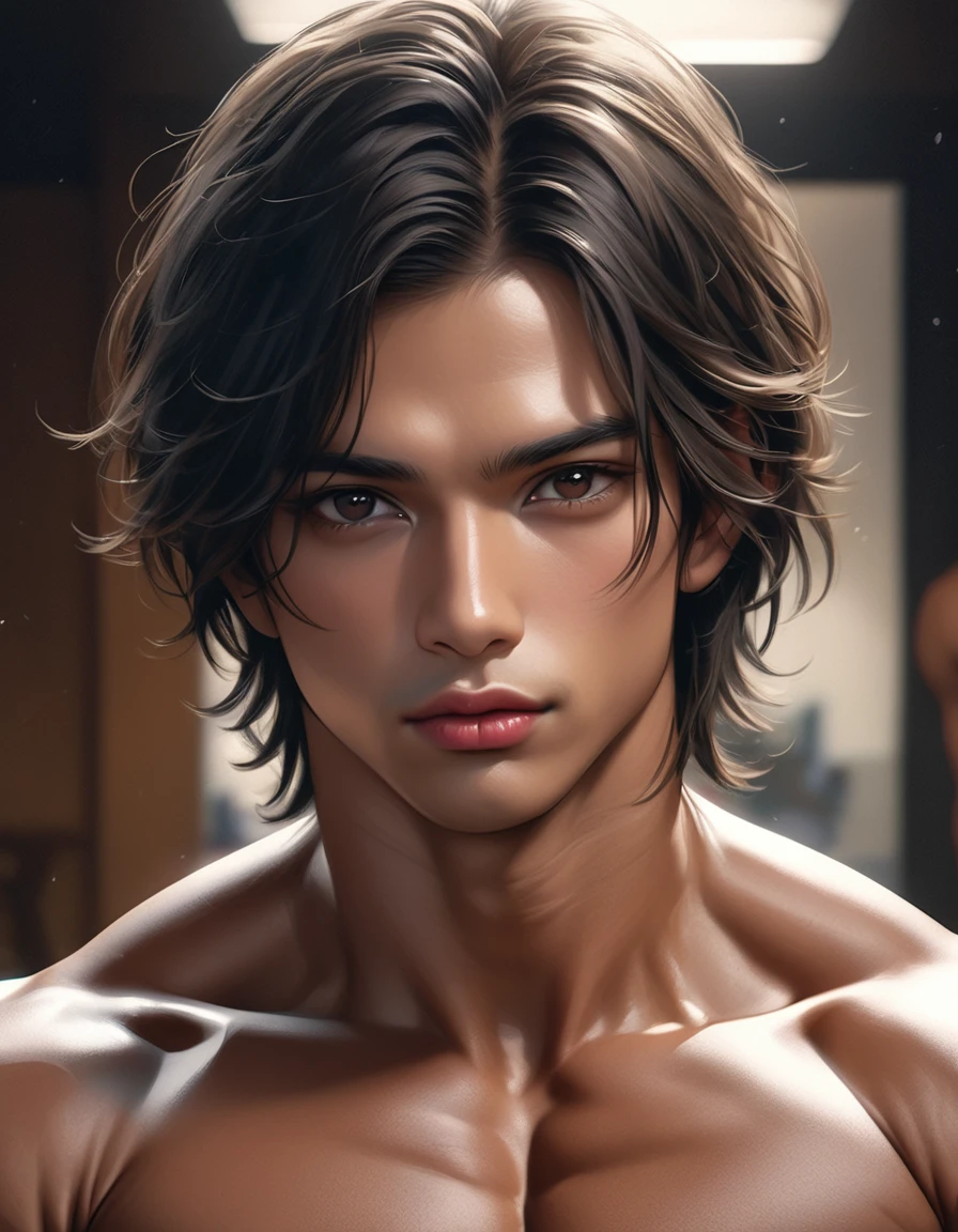high quality, detailed, Realistic,(two tanned japanese body builder boys:1.5), (detailed black eyes), (black short hair:1.1), (muscle:1.6), (tanned dark brown skin), night bedroom, (black tiny thong), (bulge), (detailed nipples), (tongue out),detailed areola,best quality,4k,8k,highres,masterpiece:1.2),ultra-detailed,(realistic,photorealistic,photo-realistic:1.37), looking at viewer,(face close up:0.7),--no watch,