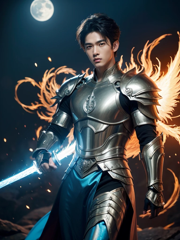 A asian boy like Mighty Archangel Michael, 20-29 years old, handsome, kpop idol actor, many jawline, manly chin, Full Body Shoot, (eyes contact), detailed facial parts, Manly, bare chest, 
Quiff haircut :: high detail, is in highly detailed battle armor, holding a detailed flaming blue sword of golden pearls, detailed fingers, a flaming sacred aura radiating from his body, stylish model pose, moon background, surreal, fantasy, magical, intricate details, depth of field. Best quality, masterpiece, ultra high resolution, (anime realism, photorealistic: 1.4), perfect composition, centered, symmetry