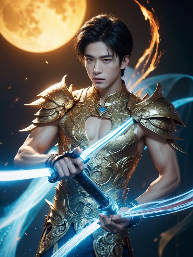 A asian boy like Mighty Archangel Michael, 20-29 years old, handsome, kpop idol actor, many jawline, manly chin, Full Body Shoot, (eyes contact), detailed facial parts, Manly, bare chest,
Quiff haircut :: high detail, is in highly detailed battle armor, holding a detailed flaming blue sword of golden pearls, detailed fingers, a flaming sacred aura radiating from his body, stylish model pose, moon background, surreal, fantasy, magical, intricate details, depth of field. Best quality, masterpiece, ultra high resolution, (anime realism, photorealistic: 1.4), perfect composition, centered, symmetry