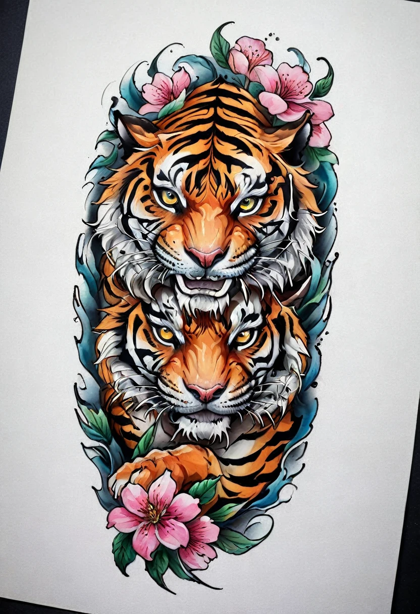 (((solo Tiger))), with a flower Tattoo designs, Tom Wennerstrand, Color illustration for tattoo, ((solo Tiger)), Highly detailed and colorful, Full-color painting, Tattoo designs, Inspired by Kameda Disaster Prevention, Inspired by Kyosai Kawanabe, Highly detailed watercolor 8k, Highly detailed watercolor 8k, (((Scratching the viewer with fierce claw))), solo tiger
