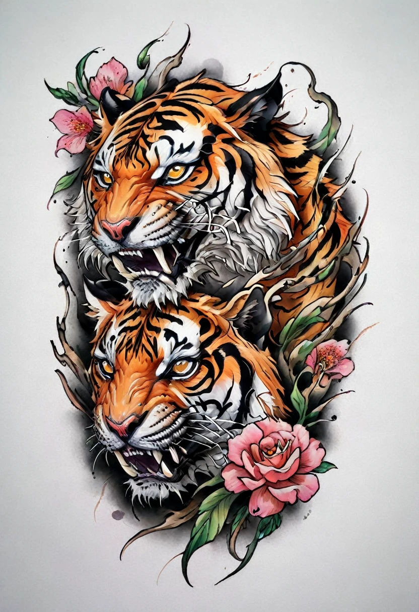 (((solo Tiger))), with a flower Tattoo designs, Tom Wennerstrand, Color illustration for tattoo, ((solo Tiger)), Highly detailed and colorful, Full-color painting, Tattoo designs, Inspired by Kameda Disaster Prevention, Inspired by Kyosai Kawanabe, Highly detailed watercolor 8k, Highly detailed watercolor 8k, (((Scratching the viewer with fierce claw))), solo tiger
