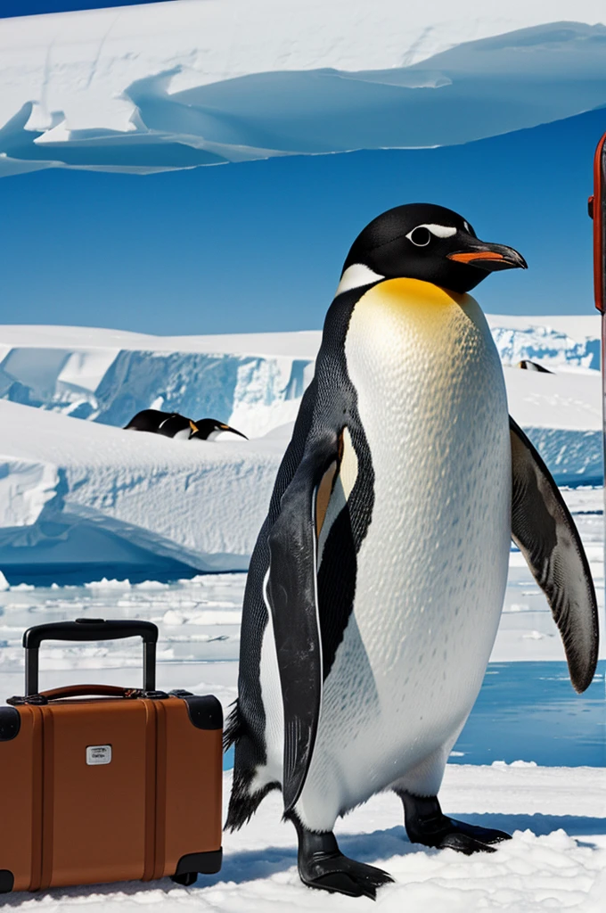 Drawing of a penguin with glasses and a suitcase in Antarctica 