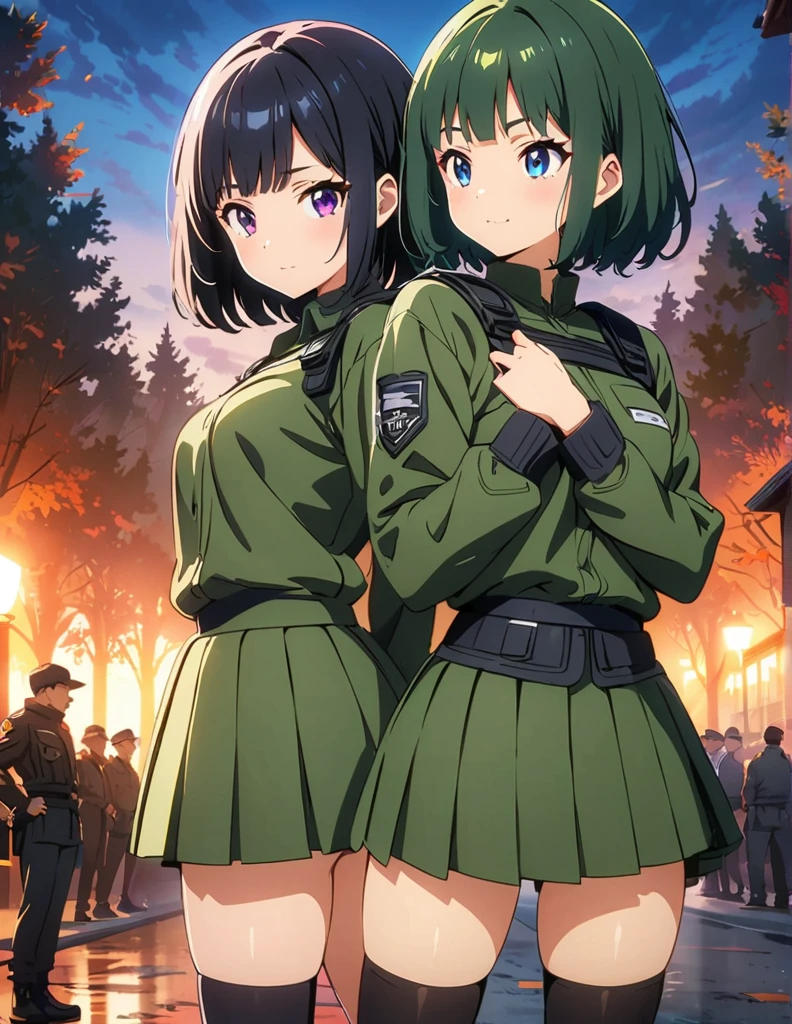 (anime artwork, anime style, studio anime, very detailed, up to date, vibrant, Anime Coloring, high contrast, masterpiece:1.2, best quality, best aesthetics),2 girl,hug from behind,army suit, pleated skirt, Medium chest, A glimpse of thighs,random hair, One eye is hidden by the bangs, perfect proportions, high detail skin, Cute, detailed faces,forest, precise fingers,panty shot ,catfight battle, back drop,
