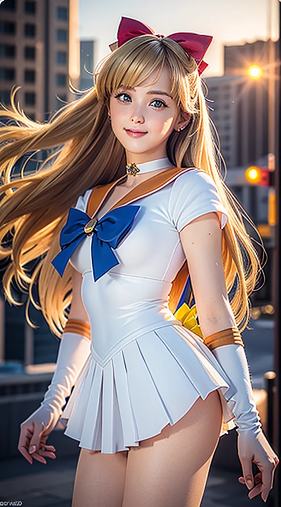 masterpiece, Highest quality, High resolution, Venus 1, One girl, alone, Sailor Warrior Uniform, Sailor Venus, aino minako, Blonde, Magical girl, blue eyes, Orange Skirt, Elbow hand pockets, tiara, Pleated skirt, Hair Ribbon, Orange sailor collar, mini skirt, choker, Red Bow, orange choker, White gloves, Very long hair,  jewelry,  Earrings, Cowboy Shot, smile,,More detailed 8K.Unreal Engine:1.4,超High resolution,La Highest quality:1.4, Realistic:1.4, Skin Texture:1.4, masterpiece:1.8,first work, Highest quality,Object Object], (Detailed facial features:1.3),(Fine hand:1.4),(Apocalyptic destroyed cityscape:1.4)