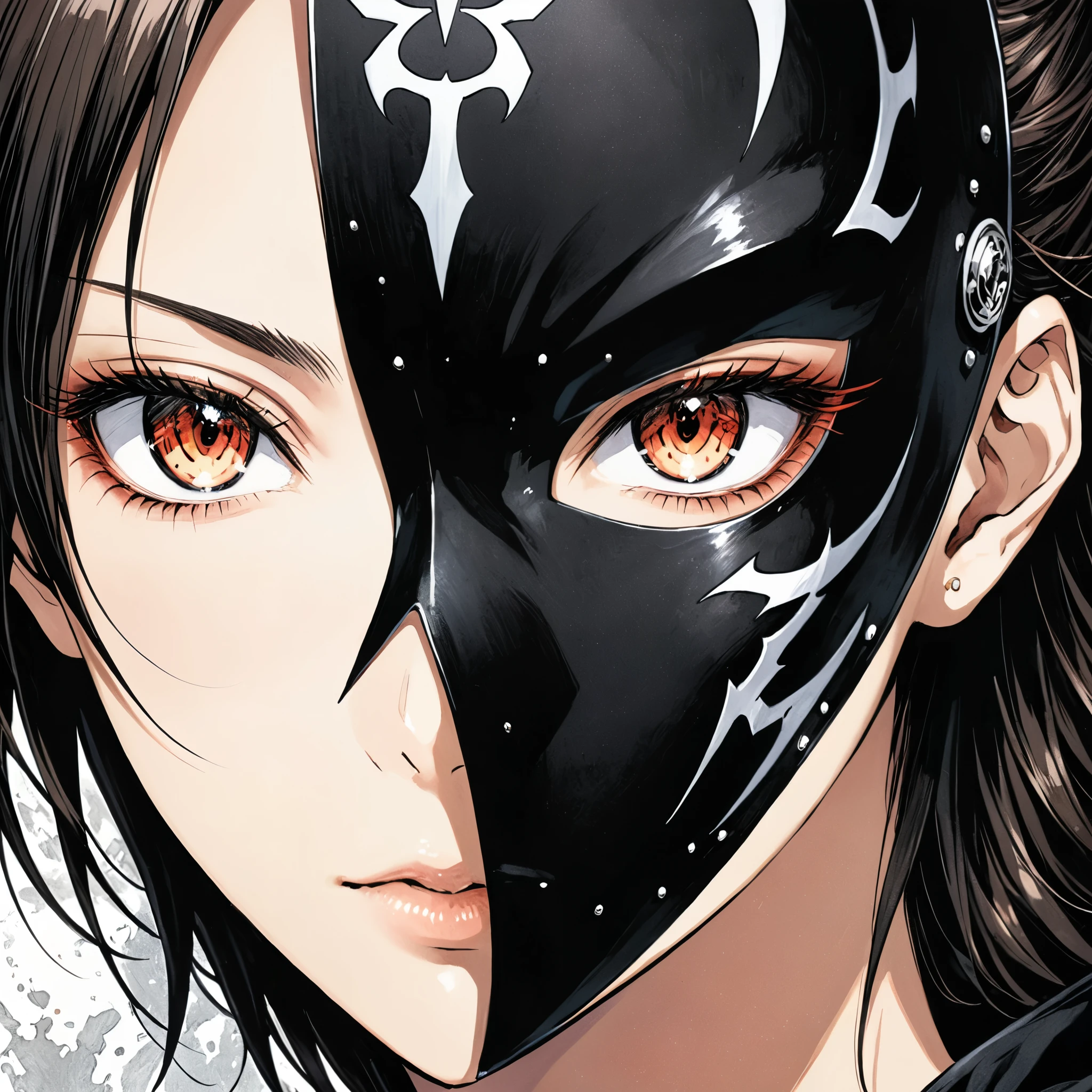 (in style of Takeshi Obata),1girl,Close-up of girl's face,The girl and the ghost warrior mask are presented separately on the canvas