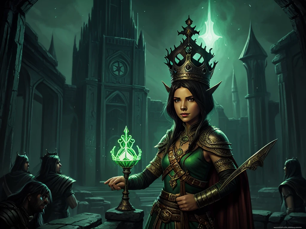 holding crown with of black ichor, sickly green light, magic item, antique crown, digital painting, fantasy art, dungeons and dragons, pathfinder cover art, D&D, magic the gathering, stylized