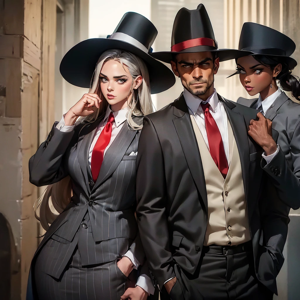 Two people. A woman and a man. Woman in gray suit and red tie. Man in pinstripe suit and white hat. Pose of a couple. Jojo pose. Woman with dark skin. Man with Clear Skin