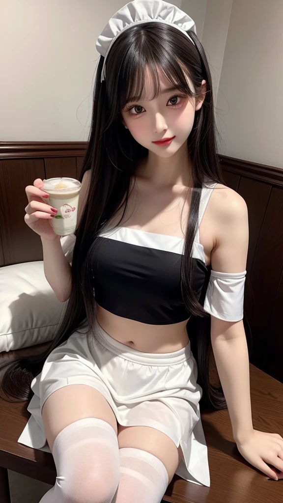 1girl,black hair,breasts,cup,lips,long hair,medium breasts,mug,navel,realistic,sitting,solo,white legwear,Maid,holding milk tea in her hand