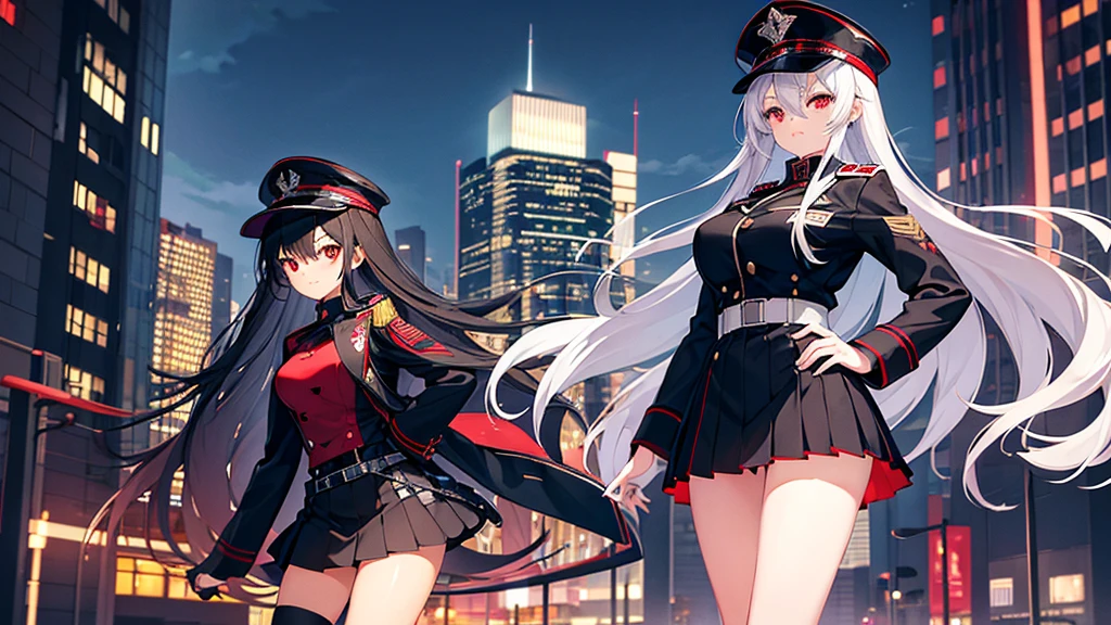 Two girls with long straight silver hair, twins, red eyes, big breasts, slim body, cool, hat, black military uniform, black mini quilt skirt, night city