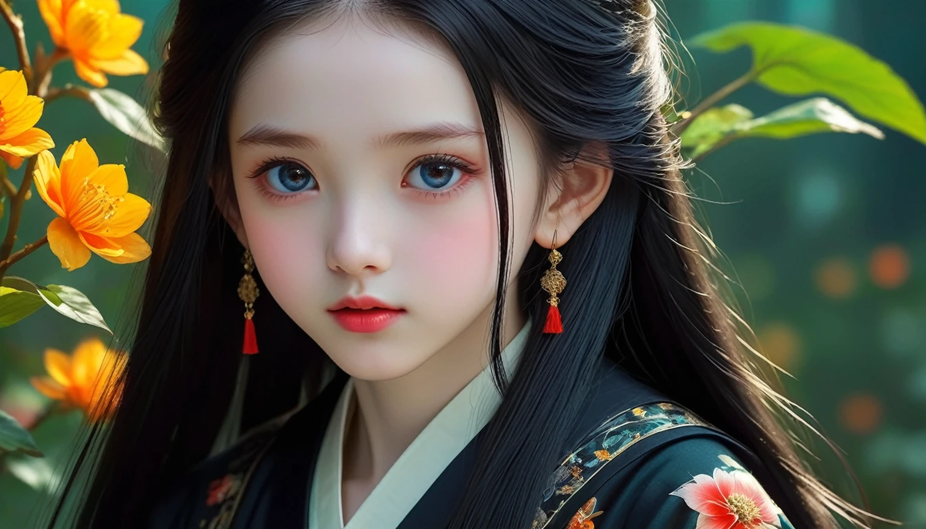 Thousand Flower Glass Style，A girl around ，Pale skin，Very long hair, Black straight hair. Large target、black eyes , With a strong and mysterious expression. Dressed in orphan clothing style, More elegant and refined, Something that matches her mysterious and strong personality. Comprehensive, Her presence will attract attention, Attract curious and inquisitive eyes. flat chest, light, Chromatic Aberration, Backlight, masterpiece, High Detail, high quality, 4K.