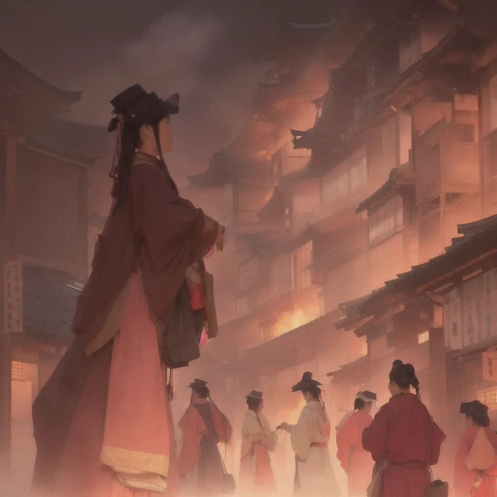 A woman walking down the street with fire in the background, an ancient city on fire, Beautiful artwork illustration, Written by Zou Zhe, Inspired by Chung Fenghua, Bayard Wu, Jan J, by Han Gan, Concept art Great atmosphere, illustration concept art, Written by Len Mei, by 下尾Blazing flames, fire, crowd, throng, freezing, mother warming her baby.Scenery and Cityscape in the Early Meiji Era After the Meiji Restoration, Japan underwent rapid modernization and civilization. Consequently, many changes and reforms occurred. Below is a detailed explanation of the scenery, appearance of the poor, occupations, and cityscapes in the early Meiji period (1868 to the early 1880s). 2. Appearance of the Poor Life for the impoverished and lower classes remained harsh. In particular, in urban areas, people migrated from rural areas or unemployed artisans gathered, intensifying competition in the labor market. Many of them struggled with poverty, often residing in slums or around temples. 3. Occupations Meiji early Japan witnessed a diversification of occupations. Traditional agriculture and handicrafts were accompanied by the rise of modern industry and commerce. Particularly in urban areas, factory workers, shop clerks, and transporters increased, giving rise to new professions. However, many in these occupations endured harsh working conditions. 4. Influence of Civilization and Enlightenment During the Meiji era, Western cultural influences spread rapidly. Changes in clothing, dietary habits, and the proliferation of Western-style architecture advanced, especially in urban areas. Conversely, this development posed a threat to traditional culture and lifestyles, resulting in societal upheaval and adaptation challenges. 5. Social Change and Policy Influence While promoting modernization policies, the government also addressed poverty and social issues. Legislation for labor protection and charitable activities to aid the poor were implemented. Nevertheless, living conditions for the impoverished scarcely improved. The early Meiji period marked a rapid transformation in Japan, with complex social landscapes involving chal