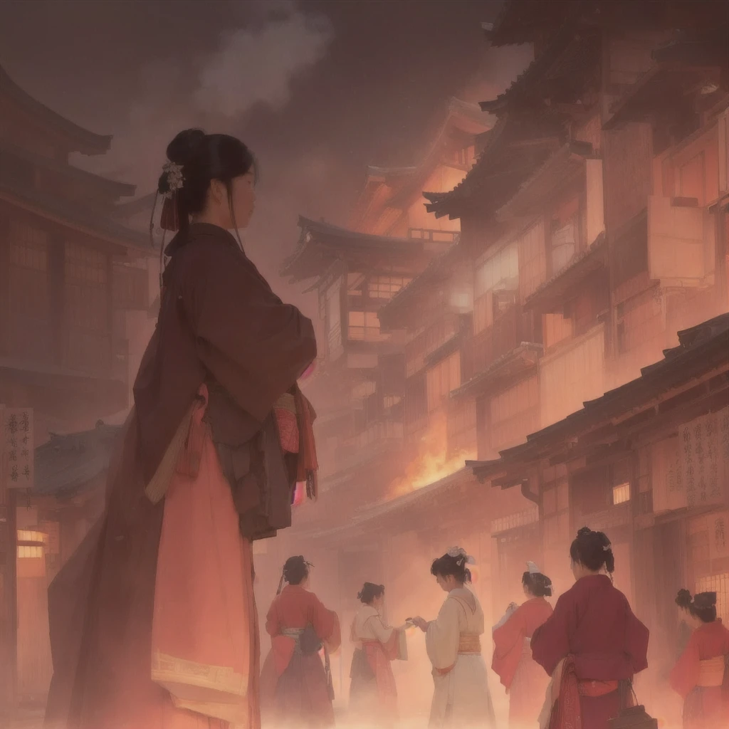 A woman walking down the street with fire in the background, an ancient city on fire, Beautiful artwork illustration, Written by Zou Zhe, Inspired by Chung Fenghua, Bayard Wu, Jan J, by Han Gan, Concept art Great atmosphere, illustration concept art, Written by Len Mei, by 下尾Blazing flames, fire, crowd, throng, freezing, mother warming her baby.Scenery and Cityscape in the Early Meiji Era After the Meiji Restoration, Japan underwent rapid modernization and civilization. Consequently, many changes and reforms occurred. Below is a detailed explanation of the scenery, appearance of the poor, occupations, and cityscapes in the early Meiji period (1868 to the early 1880s). 2. Appearance of the Poor Life for the impoverished and lower classes remained harsh. In particular, in urban areas, people migrated from rural areas or unemployed artisans gathered, intensifying competition in the labor market. Many of them struggled with poverty, often residing in slums or around temples. 3. Occupations Meiji early Japan witnessed a diversification of occupations. Traditional agriculture and handicrafts were accompanied by the rise of modern industry and commerce. Particularly in urban areas, factory workers, shop clerks, and transporters increased, giving rise to new professions. However, many in these occupations endured harsh working conditions. 4. Influence of Civilization and Enlightenment During the Meiji era, Western cultural influences spread rapidly. Changes in clothing, dietary habits, and the proliferation of Western-style architecture advanced, especially in urban areas. Conversely, this development posed a threat to traditional culture and lifestyles, resulting in societal upheaval and adaptation challenges. 5. Social Change and Policy Influence While promoting modernization policies, the government also addressed poverty and social issues. Legislation for labor protection and charitable activities to aid the poor were implemented. Nevertheless, living conditions for the impoverished scarcely improved. The early Meiji period marked a rapid transformation in Japan, with complex social landscapes involving chal