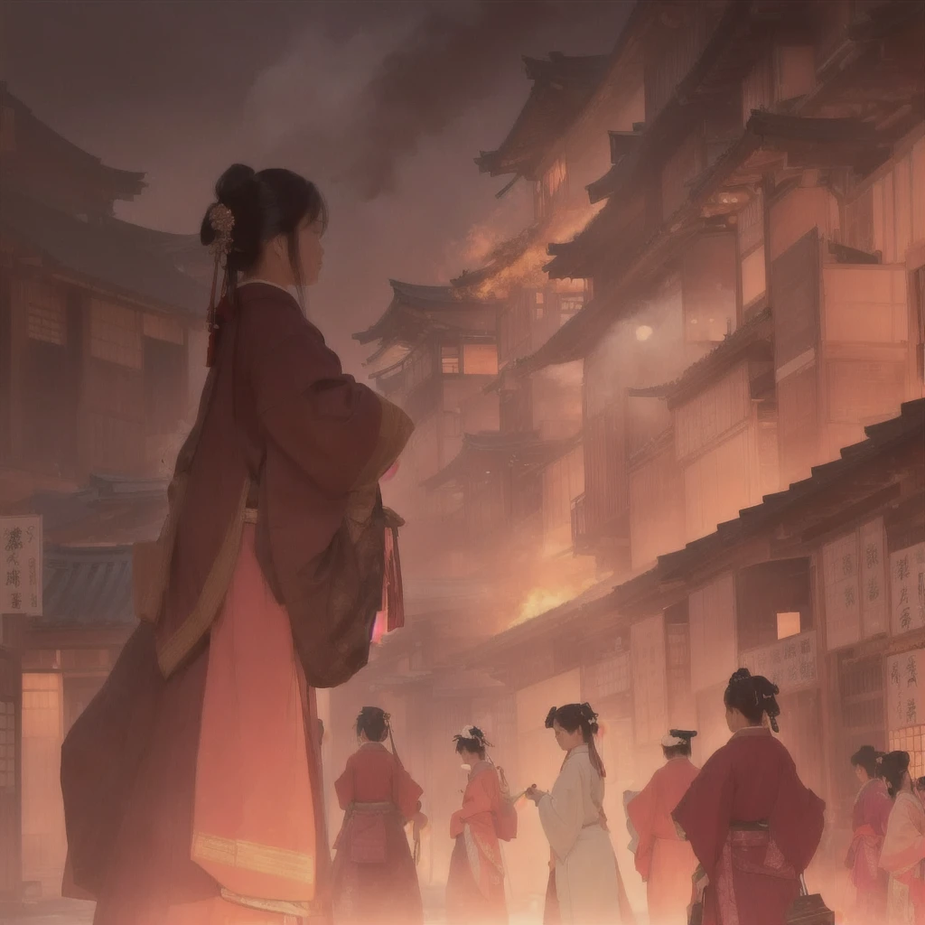 A woman walking down the street with fire in the background, an ancient city on fire, Beautiful artwork illustration, Written by Zou Zhe, Inspired by Chung Fenghua, Bayard Wu, Jan J, by Han Gan, Concept art Great atmosphere, illustration concept art, Written by Len Mei, by 下尾Blazing flames, fire, crowd, throng, freezing, mother warming her baby.Scenery and Cityscape in the Early Meiji Era After the Meiji Restoration, Japan underwent rapid modernization and civilization. Consequently, many changes and reforms occurred. Below is a detailed explanation of the scenery, appearance of the poor, occupations, and cityscapes in the early Meiji period (1868 to the early 1880s). 2. Appearance of the Poor Life for the impoverished and lower classes remained harsh. In particular, in urban areas, people migrated from rural areas or unemployed artisans gathered, intensifying competition in the labor market. Many of them struggled with poverty, often residing in slums or around temples. 3. Occupations Meiji early Japan witnessed a diversification of occupations. Traditional agriculture and handicrafts were accompanied by the rise of modern industry and commerce. Particularly in urban areas, factory workers, shop clerks, and transporters increased, giving rise to new professions. However, many in these occupations endured harsh working conditions. 4. Influence of Civilization and Enlightenment During the Meiji era, Western cultural influences spread rapidly. Changes in clothing, dietary habits, and the proliferation of Western-style architecture advanced, especially in urban areas. Conversely, this development posed a threat to traditional culture and lifestyles, resulting in societal upheaval and adaptation challenges. 5. Social Change and Policy Influence While promoting modernization policies, the government also addressed poverty and social issues. Legislation for labor protection and charitable activities to aid the poor were implemented. Nevertheless, living conditions for the impoverished scarcely improved. The early Meiji period marked a rapid transformation in Japan, with complex social landscapes involving chal