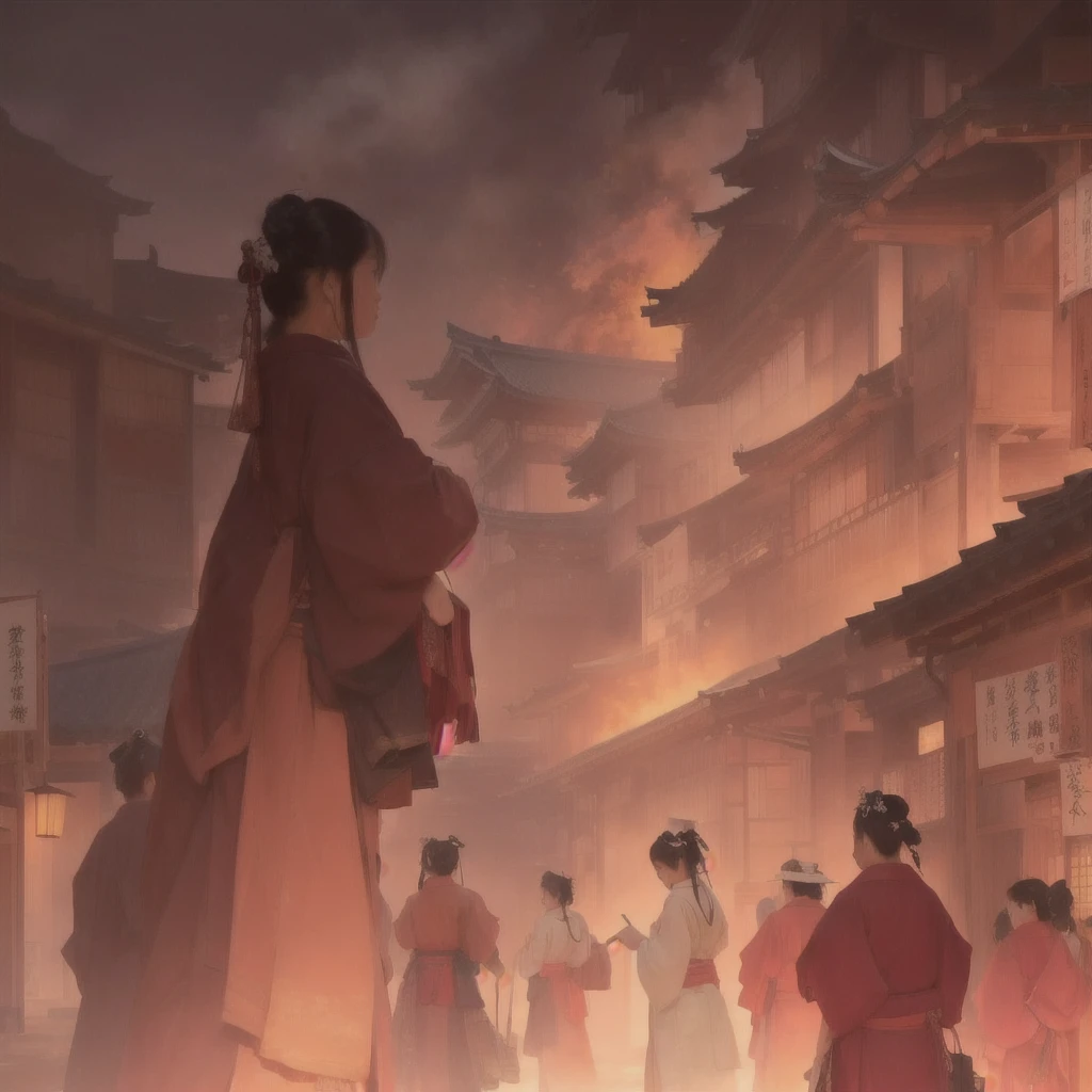 A woman walking down the street with fire in the background, an ancient city on fire, Beautiful artwork illustration, Written by Zou Zhe, Inspired by Chung Fenghua, Bayard Wu, Jan J, by Han Gan, Concept art Great atmosphere, illustration concept art, Written by Len Mei, by 下尾Blazing flames, fire, crowd, throng, freezing, mother warming her baby.Scenery and Cityscape in the Early Meiji Era After the Meiji Restoration, Japan underwent rapid modernization and civilization. Consequently, many changes and reforms occurred. Below is a detailed explanation of the scenery, appearance of the poor, occupations, and cityscapes in the early Meiji period (1868 to the early 1880s). 2. Appearance of the Poor Life for the impoverished and lower classes remained harsh. In particular, in urban areas, people migrated from rural areas or unemployed artisans gathered, intensifying competition in the labor market. Many of them struggled with poverty, often residing in slums or around temples. 3. Occupations Meiji early Japan witnessed a diversification of occupations. Traditional agriculture and handicrafts were accompanied by the rise of modern industry and commerce. Particularly in urban areas, factory workers, shop clerks, and transporters increased, giving rise to new professions. However, many in these occupations endured harsh working conditions. 4. Influence of Civilization and Enlightenment During the Meiji era, Western cultural influences spread rapidly. Changes in clothing, dietary habits, and the proliferation of Western-style architecture advanced, especially in urban areas. Conversely, this development posed a threat to traditional culture and lifestyles, resulting in societal upheaval and adaptation challenges. 5. Social Change and Policy Influence While promoting modernization policies, the government also addressed poverty and social issues. Legislation for labor protection and charitable activities to aid the poor were implemented. Nevertheless, living conditions for the impoverished scarcely improved. The early Meiji period marked a rapid transformation in Japan, with complex social landscapes involving chal