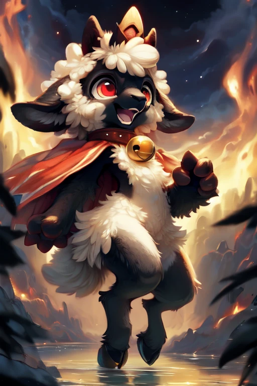 female anthro sheep, sheep girl, cute-fine-face, ultra cute face, cute, flat chest, small breasts,
glossy black skin, shiny white wool, glossy black fur,
((floating)), in the air, triumphant pose, ((reflective eyes)), expressive eyes, detailed big hands, 
red crown, golden bell collar, detailed red cape, (horizontal pupils), red eyes, glossy black horns, glossy wool,
(breast wool), furry crotch, leg wool, arm wool,
evil laugh, triumphant pose, open mouth, flirty, fangs, tongue,
low angle, depth of field, three-quarter view, 
uploaded on e621, by dagasi, by loimu, by hioshiru, by silverfox5213, by darkgem, (by carrot:0.4), 
fapuclaws, fapuhooves,
dark background, dark forest, midnight, cosmos,
detailed background, Ray tracing, concept art, highly detailed, ((masterpiece)), ((best quality)) cinematic composition, ultra realistic, (high detail:1.3), sharp focus,