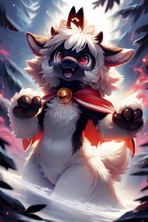 female anthro sheep, sheep girl, cute-fine-face, ultra cute face, cute, flat chest, small breasts,
glossy black skin, shiny white wool, glossy black fur,
((floating)), in the air, triumphant pose, ((reflective eyes)), expressive eyes, detailed big hands, 
red crown, golden bell collar, detailed red cape, (horizontal pupils), red eyes, glossy black horns, glossy wool,
(breast wool), furry crotch, leg wool, arm wool,
evil laugh, triumphant pose, open mouth, flirty, fangs, tongue,
low angle, depth of field, three-quarter view, 
uploaded on e621, by dagasi, by loimu, by hioshiru, by silverfox5213, by darkgem, (by carrot:0.4), 
fapuclaws, fapuhooves,
dark background, dark forest, midnight, cosmos,
detailed background, Ray tracing, concept art, highly detailed, ((masterpiece)), ((best quality)) cinematic composition, ultra realistic, (high detail:1.3), sharp focus,