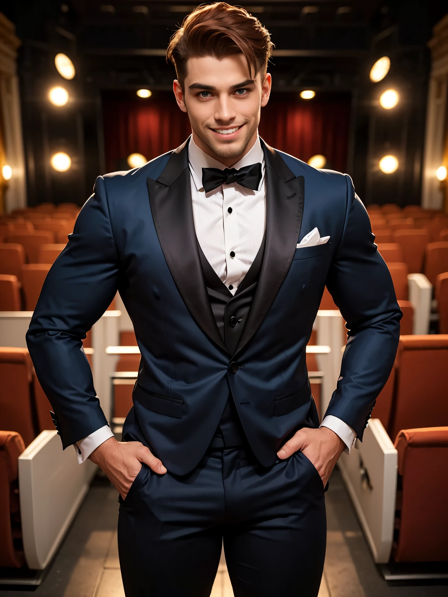 (dramatic illumination, intense color contrast), portrait of a man with short red hair and blue eyes, tanned skin, stubble, wearing black tuxedo, muscular, (cocky grin), (in art deco theatre) (movie star)