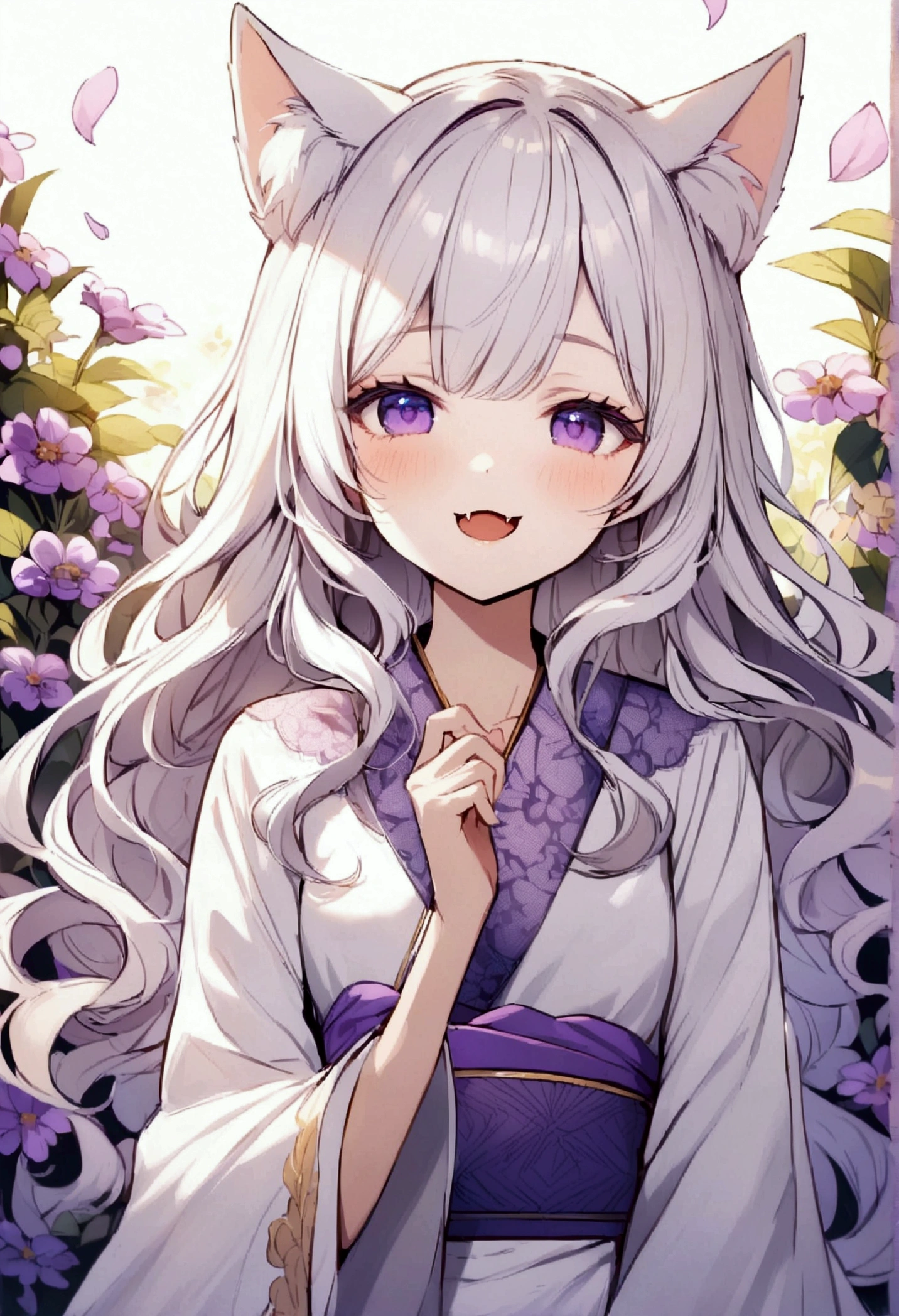 Wink,Long Wavy Hair,big smile,Cute Fangs,White hair is very attractive, Detailed and precise manual work, Attractive girl, White cat ears,Purple eyes and white eyelashes,light in your eyes,Angel wing,Great light,A subject that stands out in a flower field, Petals flutter,A delicate white kimono with purple floral patterns, Hand-drawn illustration