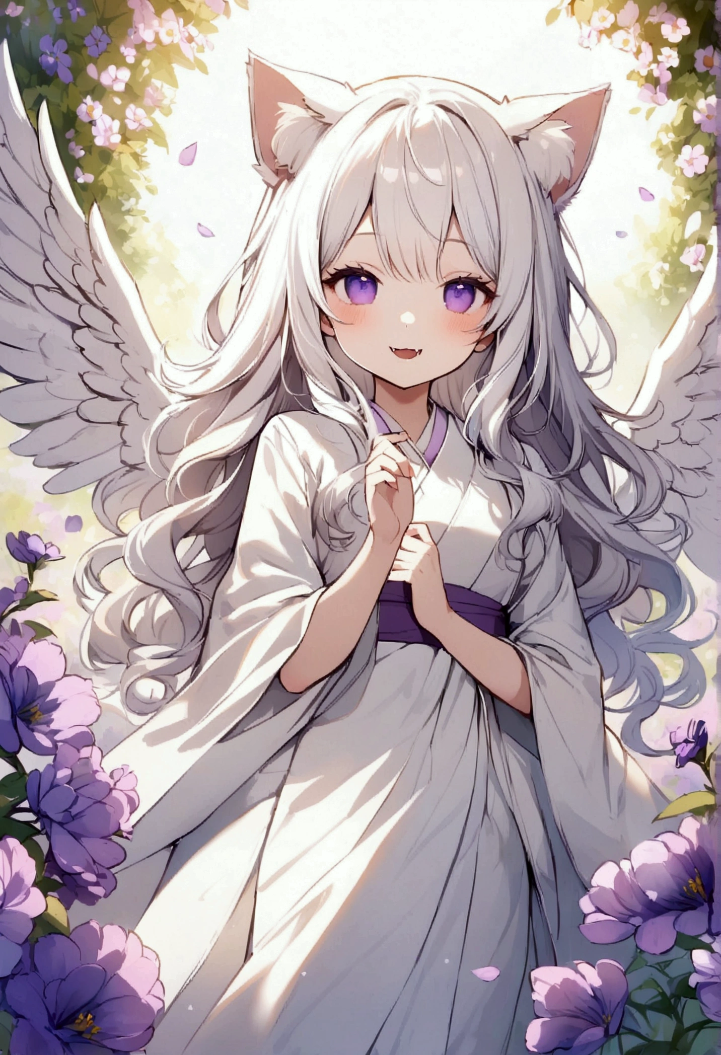 Wink,Long Wavy Hair,big smile,Cute Fangs,White hair is very attractive, Detailed and precise manual work, Attractive girl, White cat ears,Purple eyes and white eyelashes,light in your eyes,Angel wing,Great light,A subject that stands out in a flower field, Petals flutter,A delicate white kimono with purple floral patterns, Hand-drawn illustration