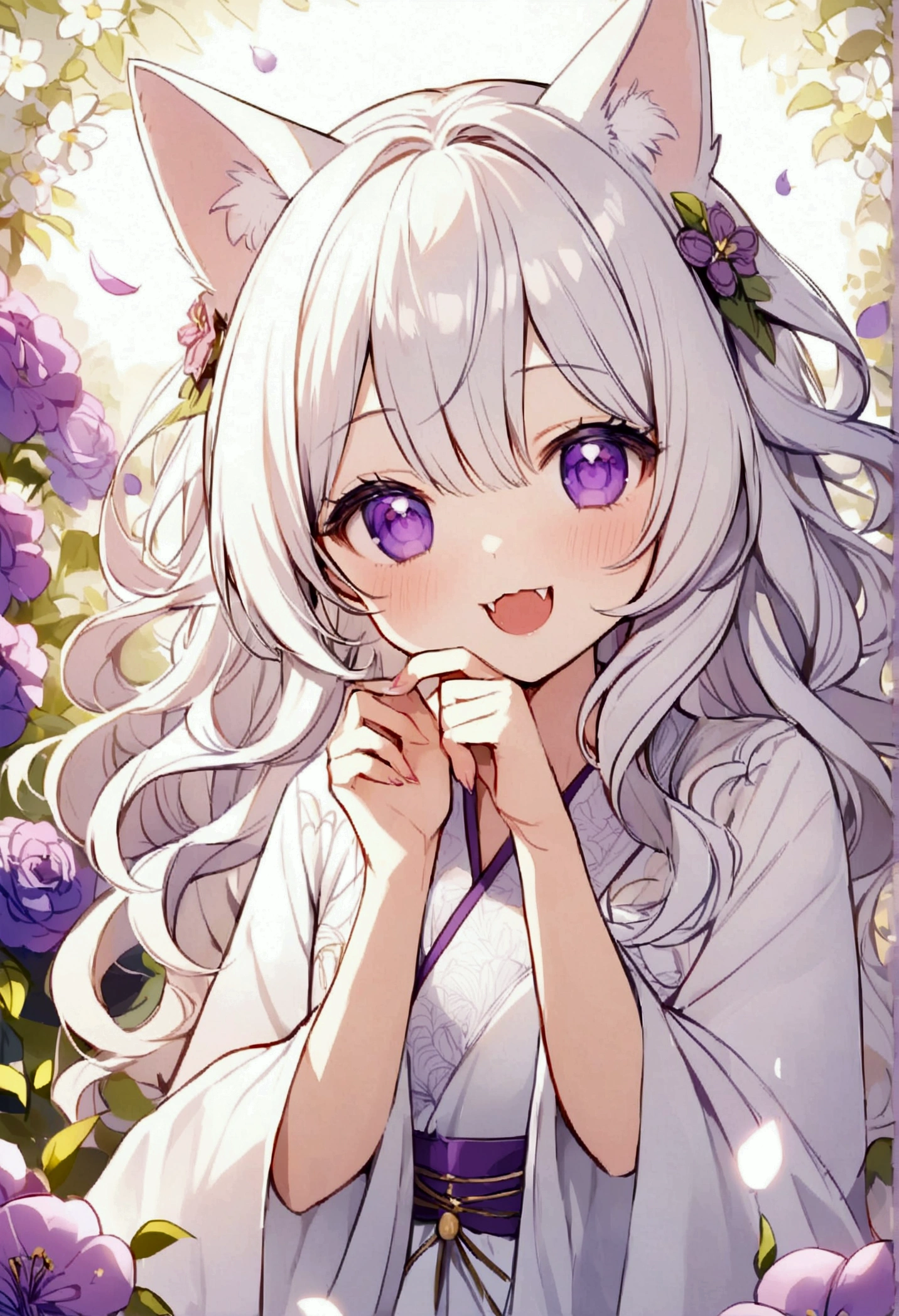 Wink,Long Wavy Hair,big smile,Cute Fangs,White hair is very attractive, Detailed and precise manual work, Attractive girl, White cat ears,Purple eyes and white eyelashes,light in your eyes,Angel wing,Great light,A subject that stands out in a flower field, Petals flutter,A delicate white kimono with purple floral patterns, Hand-drawn illustration