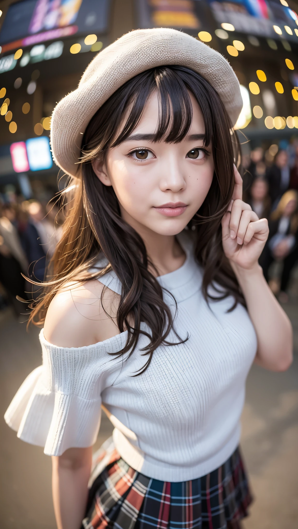 Highest quality, masterpiece, Ultra-high resolution,8k, (Realistic:1.6), (Close-up portrait:1.4) RAW Photos,((Omotesando駅))、 ((Off-the-shoulder pleated mini skirt)),((Nipples seem to be visible)),((Full body photo)),1 person,Omotesando,A slender adult 26-year-old woman,(Full of smiles, )) ,((Loose curls and a beret)),((Looking up at the audience)),Face Focus:1.4,((Shooting from above with a fisheye lens:1.4)),