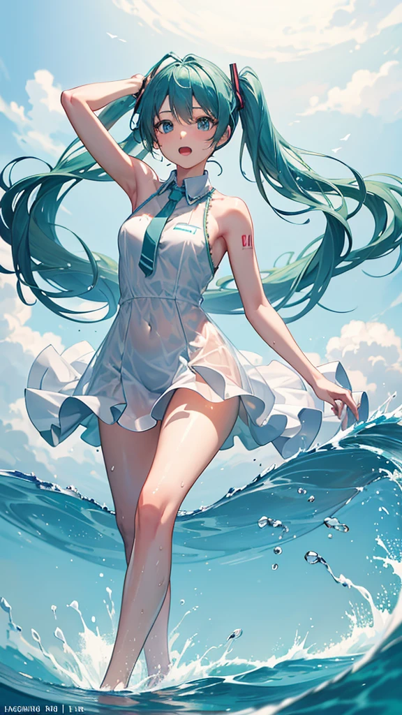 action:1.6,Hatsune Miku in a bottle:1.6,Dynamic Range:1,6,Low - Angle,Full Body Shot,Medium Shot,action:1.5,Wet clothes,Blowing in the wind:1.1,See-through clothing:1.1,wave hands:1.1,Laughter,sing:1.5,Grab the microphone:1.1,歌をsing:1.1,Splashes of sweat,Wish,4K, (RAW Photos: 1.2), (realism: 1.4), (Tabletop: 1.3), (Exquisite detail: 1.2), Delicate and beautiful details, (Eye details), (Facial details), (Highest quality:1.4), (Highly detailed illustration), Highest quality, Super Resolution,Wide Light, Natural Shadows